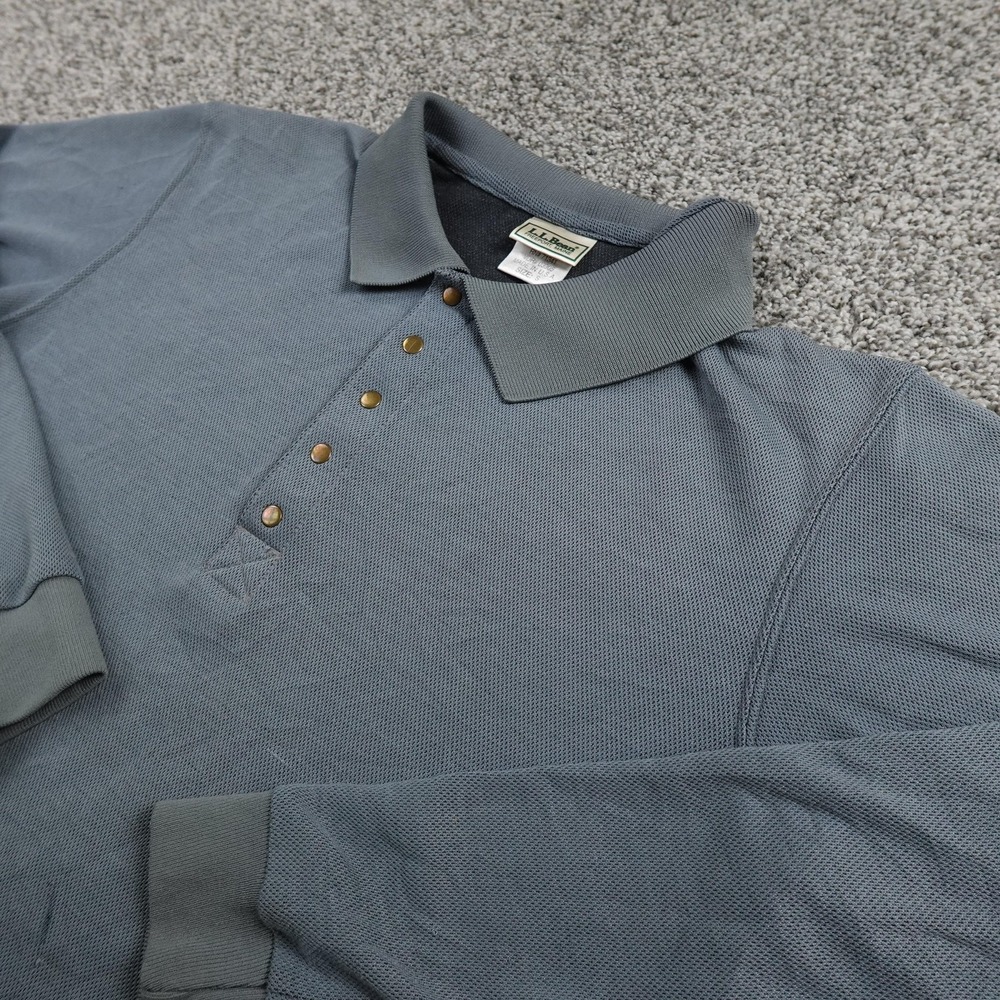 VTG LL Bean Polo Shirt Mens S Blue Gray Long Sleeve Knit Snap Casual‎ Preppy USA